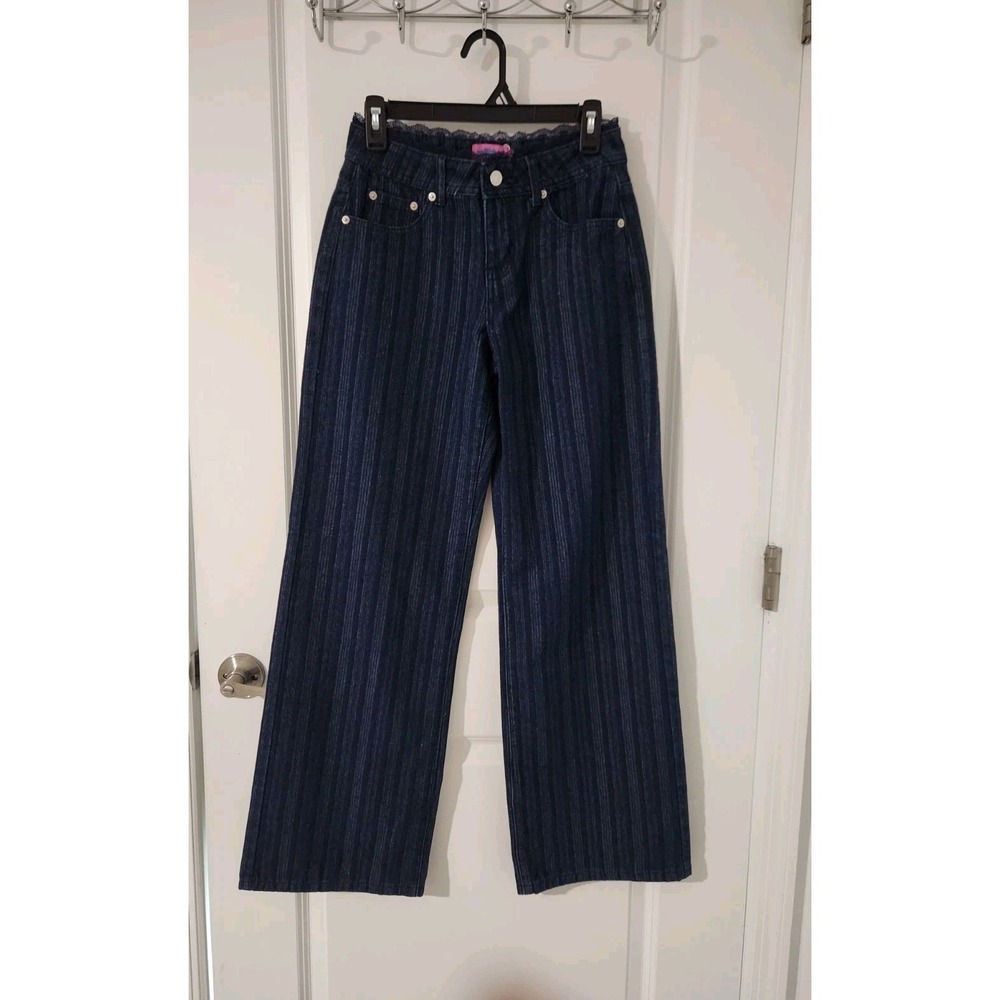 Edikted‎ Lace Trim Striped Low Rise Baggy Women's Blue Jeans Pants Size XS